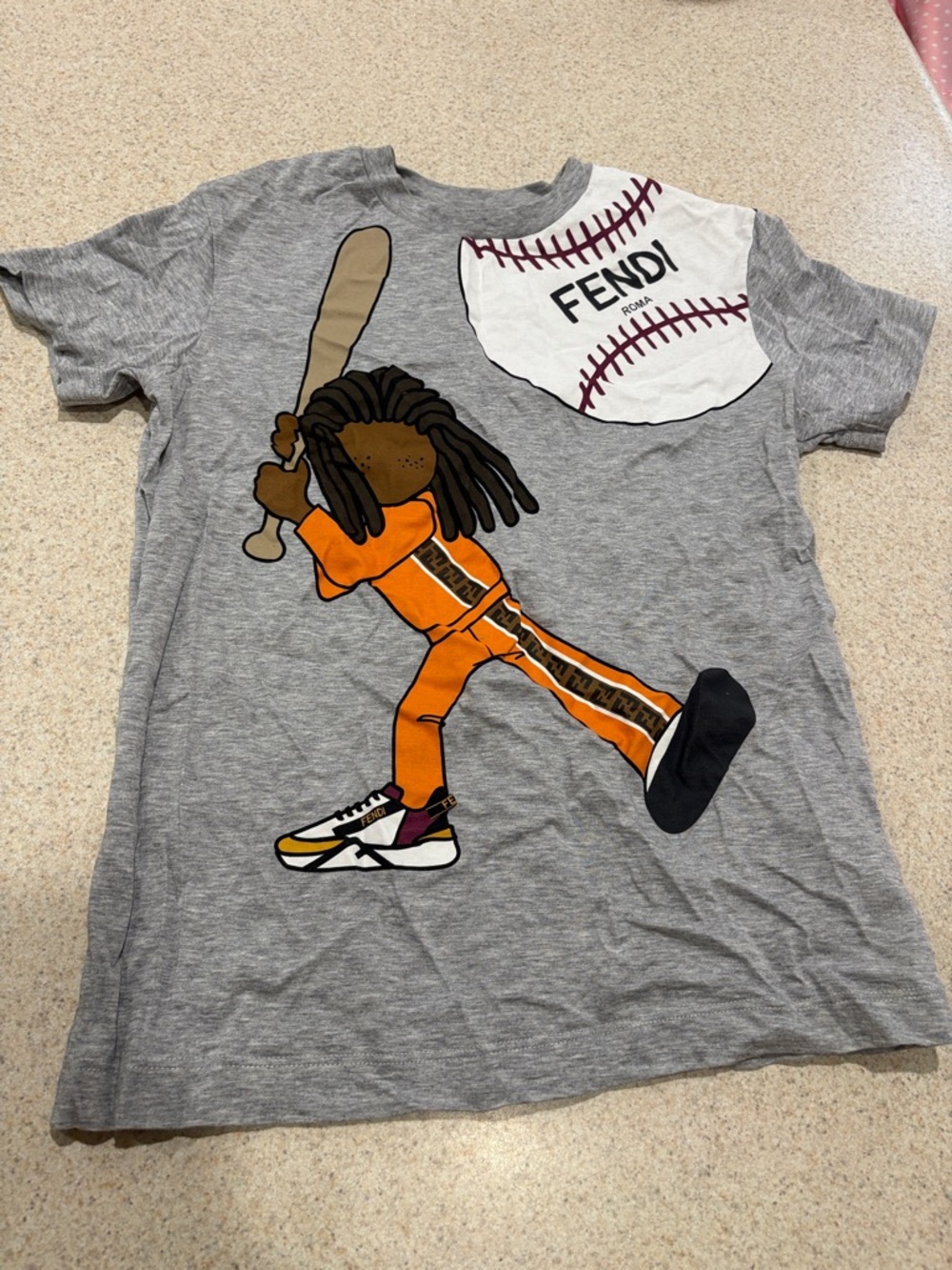 Fendi Kids Gray Tee with Orange Baseball Player Graphic